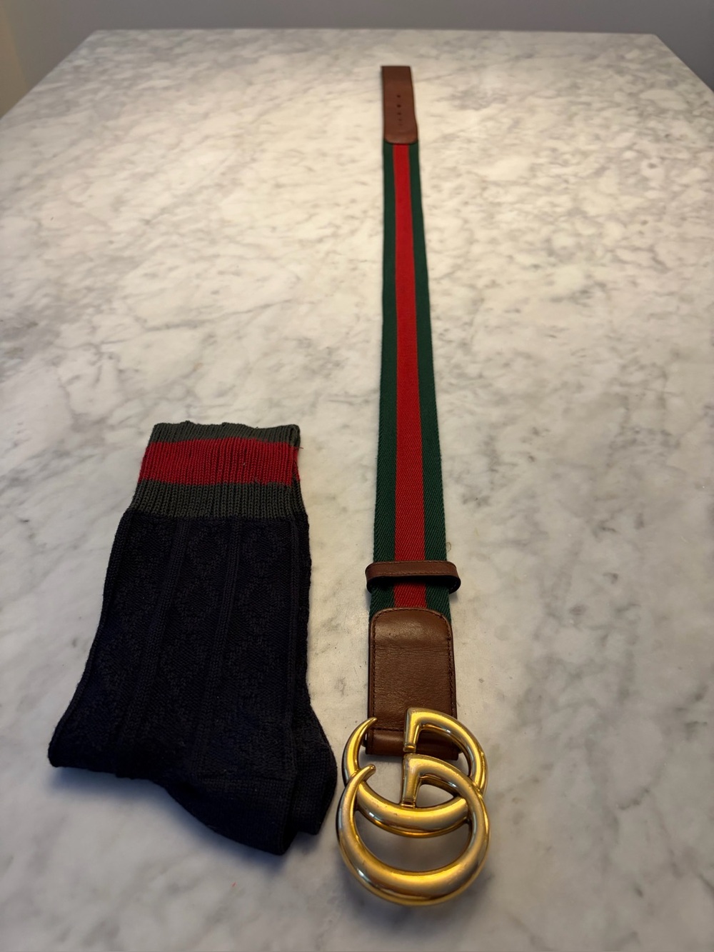 GUCCI Green and Red Web Belt with Gold Double G Buckle and GUCCI Socks! - Picture 5 of 11